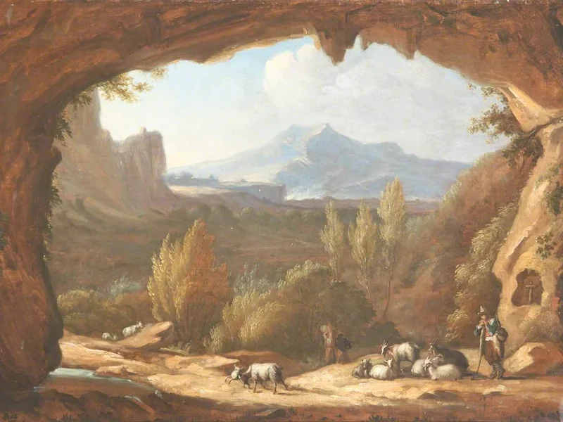 1739-Cornelis Kuipers - Paesaggio with Cattle seen under a Rocky Archway